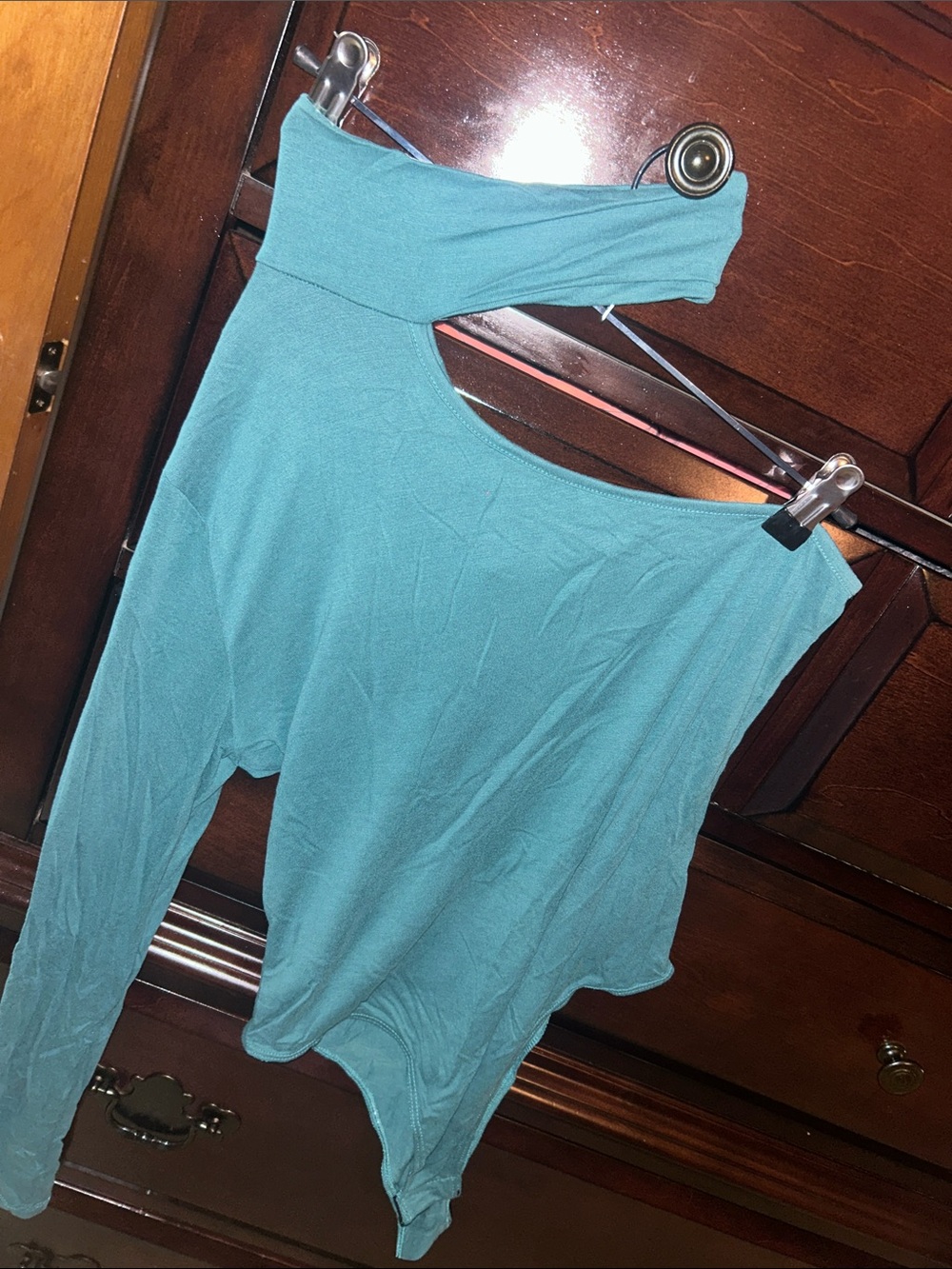Peach Love California Teal One-Shoulder Long Sleeve Bodysuit